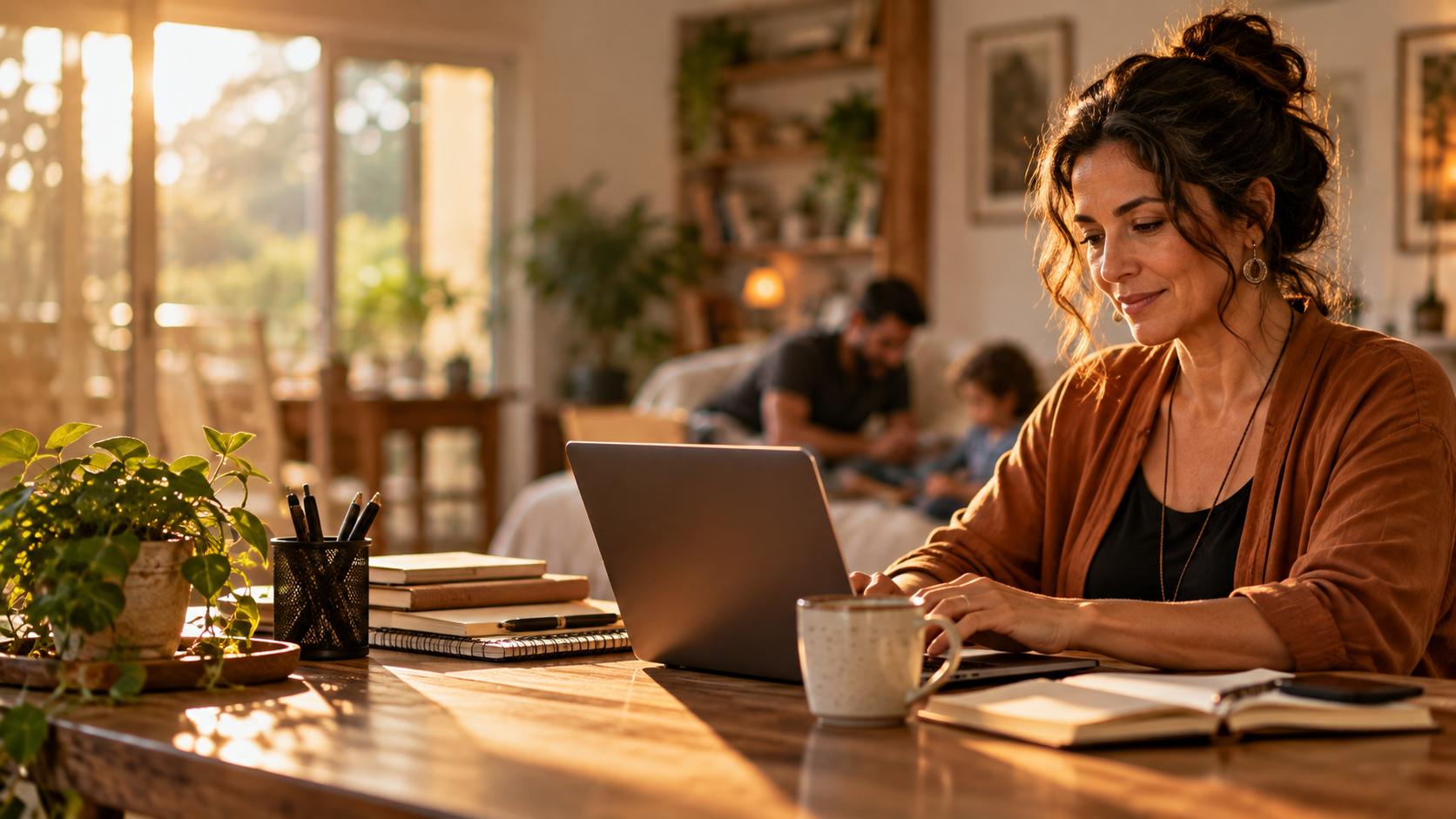 Mulher trabalhando no computador em casa, com a família ao fundo, representando autonomia profissional e sustento familiar