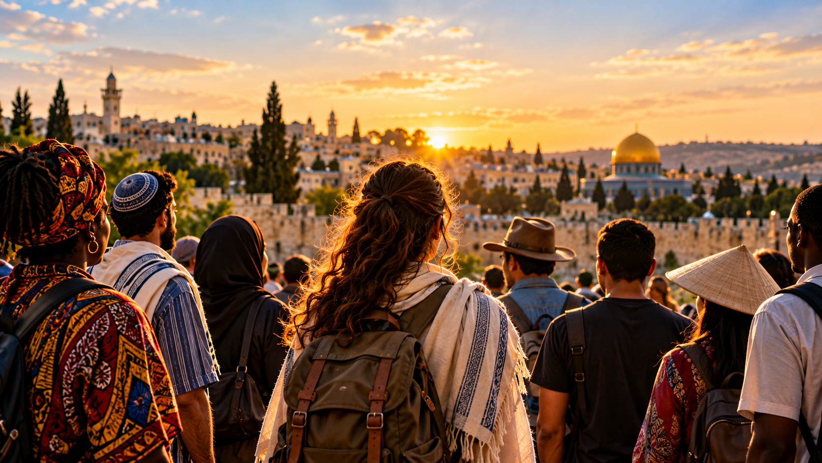 Mulher com mochila contemplando uma paisagem inspirada em Jerusalém ao pôr do sol, simbolizando o chamado missionário
