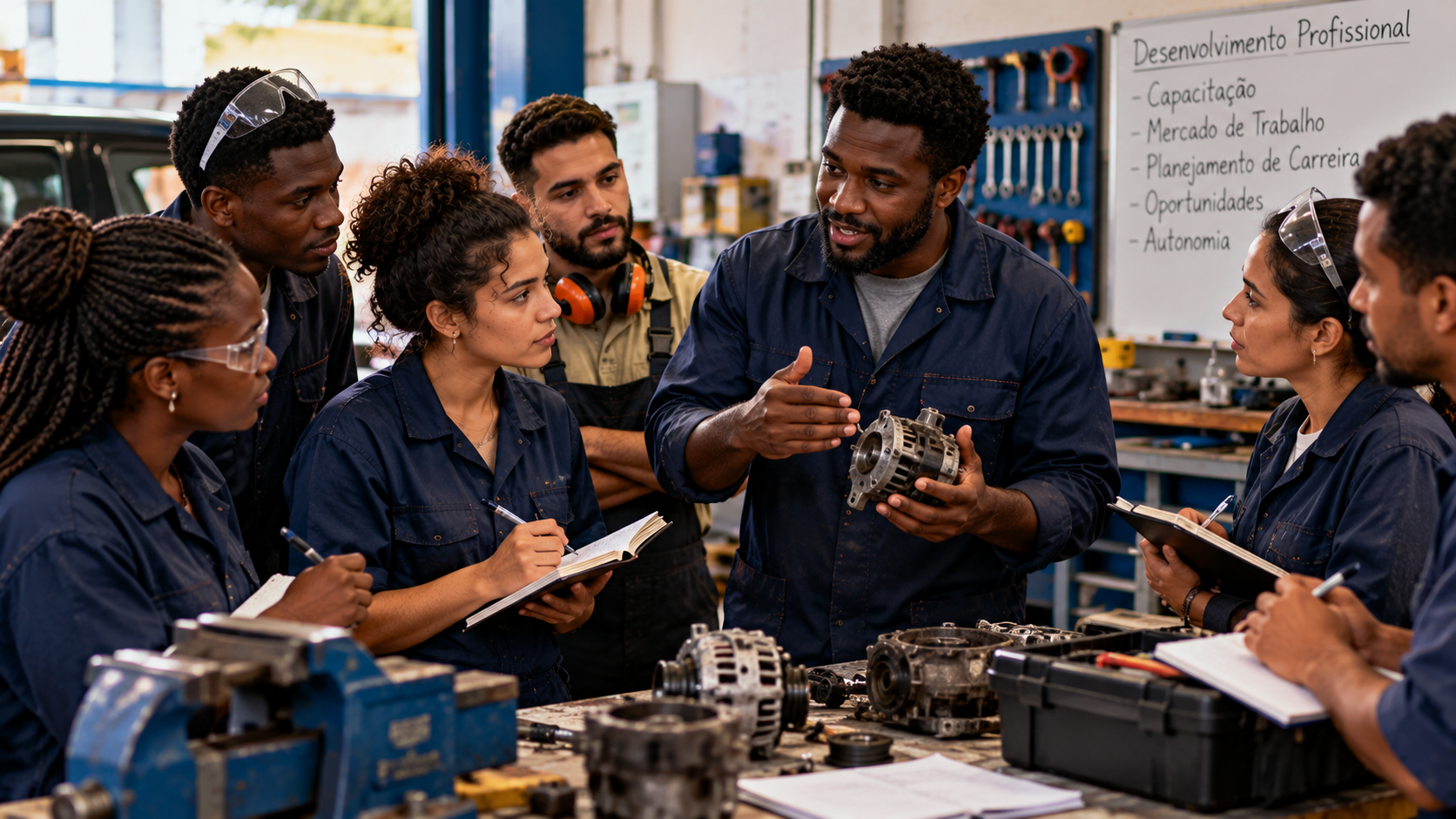 Instrutor negro orientando homens e mulheres em uma oficina de capacitação profissional para o mercado de trabalho