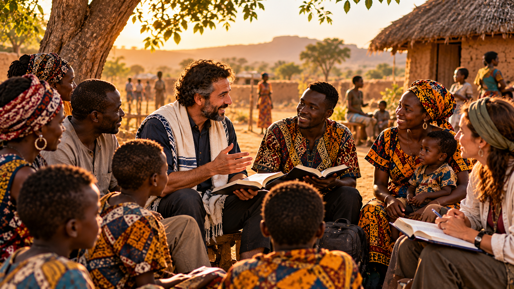 Grupo de africanos reunidos com um missionário para estudar as Escrituras e compartilhar conhecimentos em uma comunidade rural