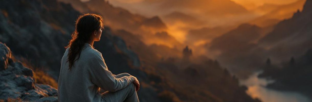 Uma pessoa sentada na beira de uma montanha